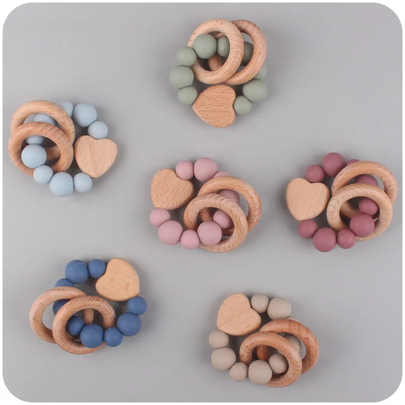 Anneau de dentition Montessori en bois de hêtre & silicone – Jouet apaisant bébé, accessoire de dentition sûr et naturel