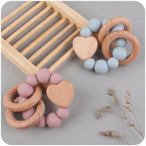 Anneau de dentition Montessori en bois de hêtre & silicone – Jouet apaisant bébé, accessoire de dentition sûr et naturel